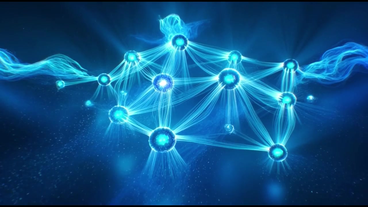 Abstract Digital Network Connection Forming with Glowing Blue Particles