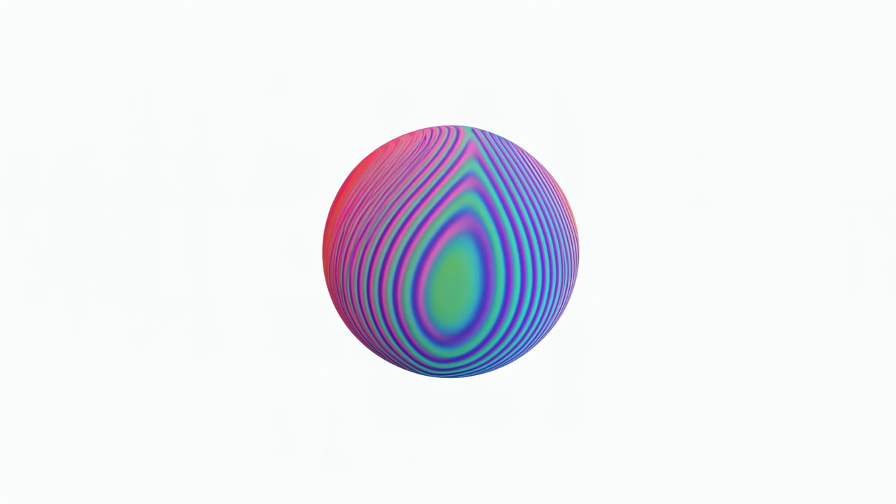 Colorful Concentric Striped Sphere Rotating Slowly On White Background, Soft Shadow, Hypnotic Gradient Bands