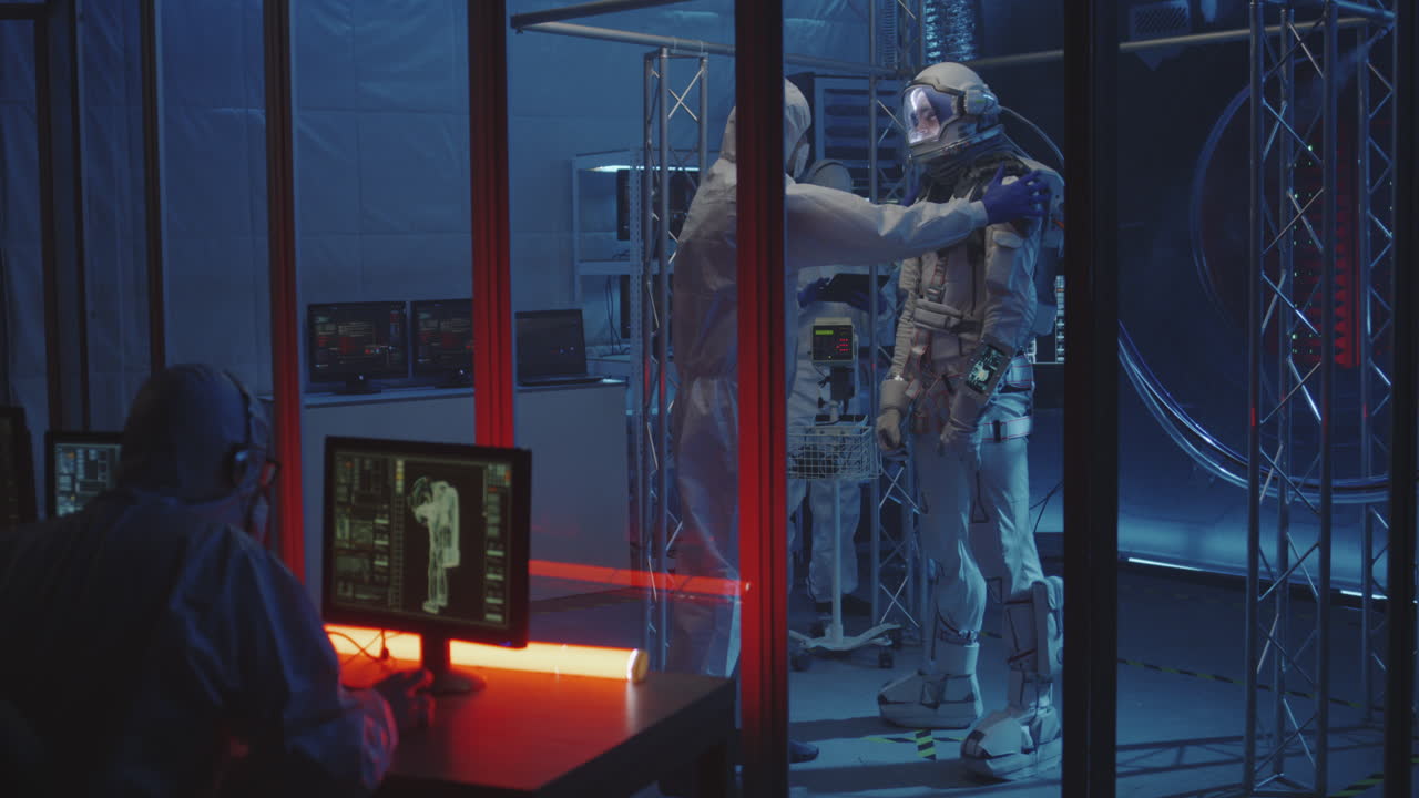 Astronauts and Scientists Working in a Space Research Facility