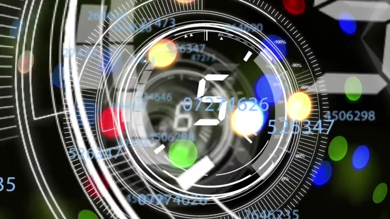 Animation of countdown over round scanner in seamless pattern against colorful spots of light