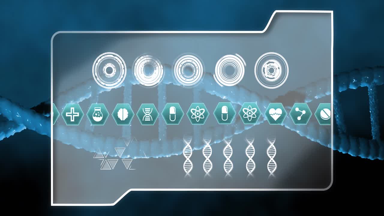 어두운 배경의 dna 스트랜드 위에 의료 아이콘과 인터페이스에서 데이터 로딩의 애니메이션