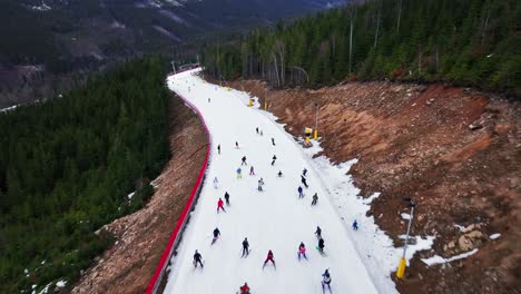 group of skiers go downhill near dolni morava evergreen forest and gravel slope