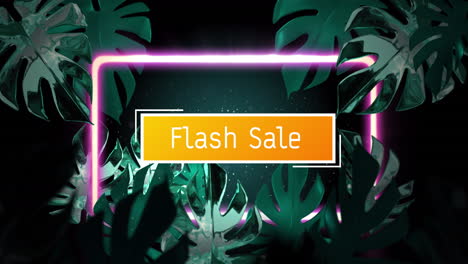 animation of flash sale text and neon frame over leaves on black background