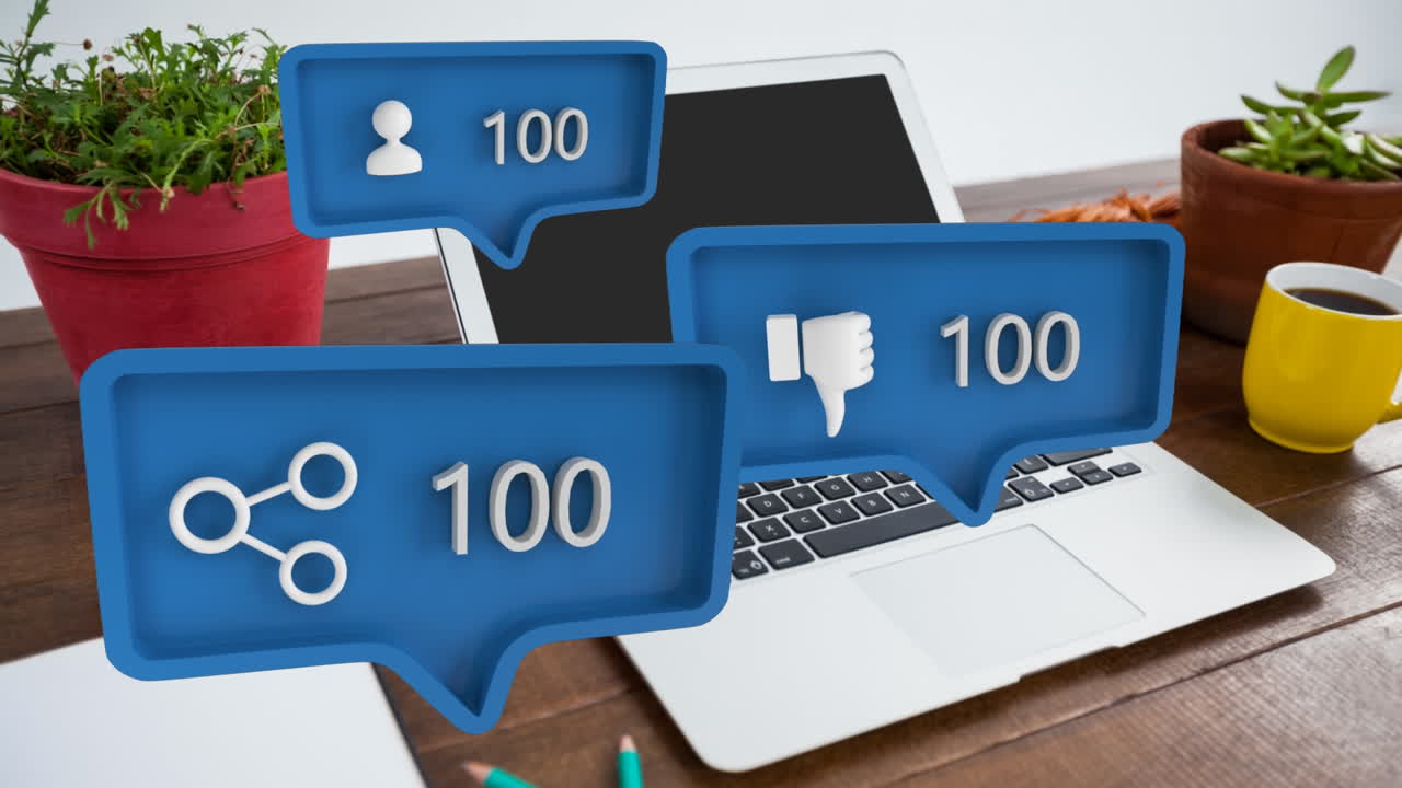 búsqueda, persona y pulgares hacia abajo símbolos y números crecientes sobre computadora portátil y plantas en la mesa