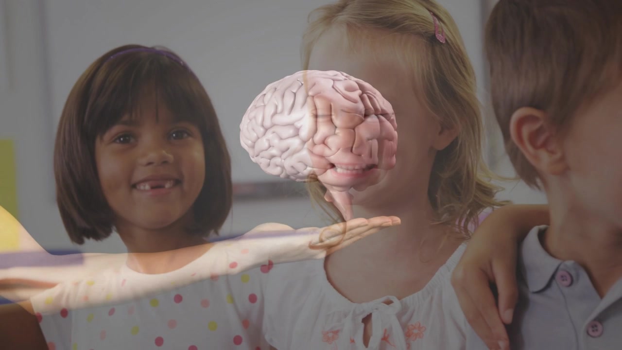 Pupils sitting in class, hand fading in starting 3D brain overlay sweeping across faces teaching