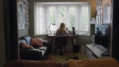 a woman sitting at a desk in a living room