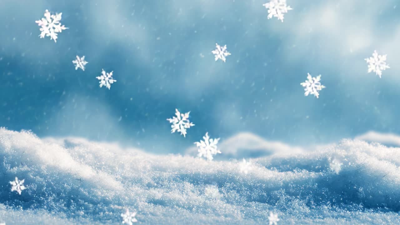 A Serene Winter Wonderland Scene Displaying Gentle Snowflakes Gracefully Falling Over a Soft, Puffy Layer of Snow Under a Dreamy Blue Atmosphere