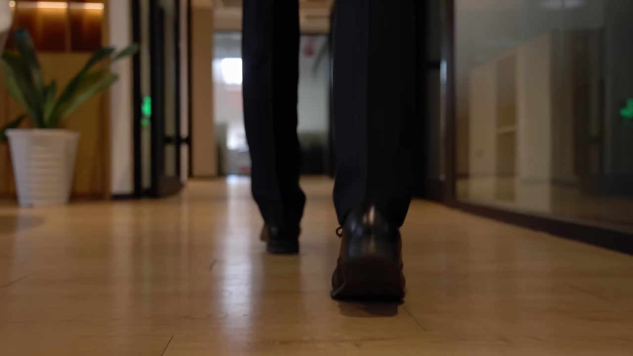 Uomo d'affari in abito formale cammina lungo il corridoio di un moderno ufficio di un'azienda leader, simboleggiando un percorso verso il successo e le opportunità in un ambiente aziendale, successo professionale