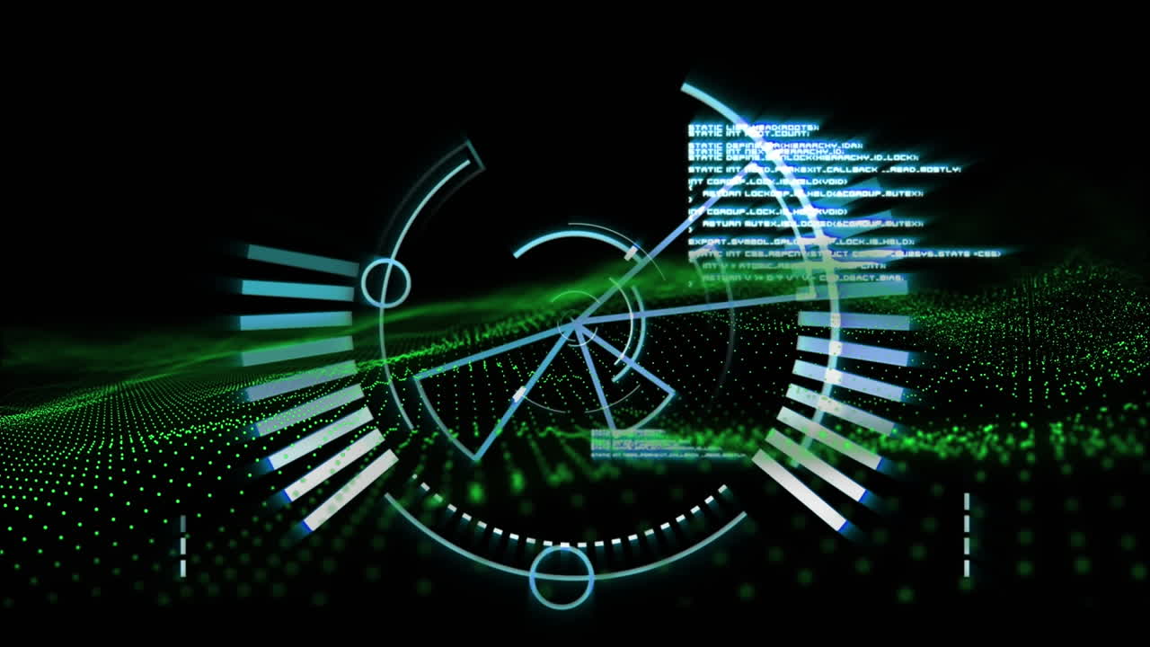 둥근 스캐너의 디지털 애니메이션과 검은 바탕에 디지털 파동을 통해 데이터 처리