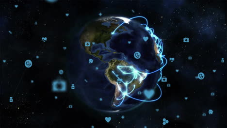 animation of earth with glowing network lines and digital icons in space