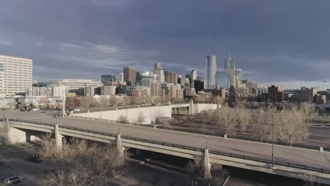 denver city skyline from a drone on jan17, 2021 during pandemic