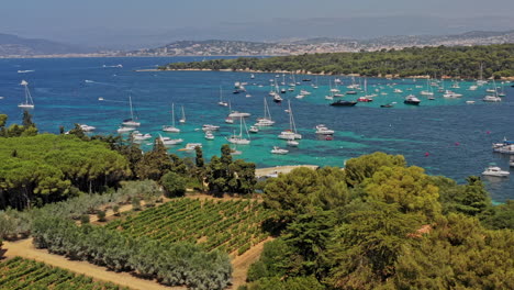 cannes france aerial v27 establishing pan shot capturing exotic paradise mediterranean saint-honorat island, port des moines with sailboats floating and cruising on crystalline water - july 2021