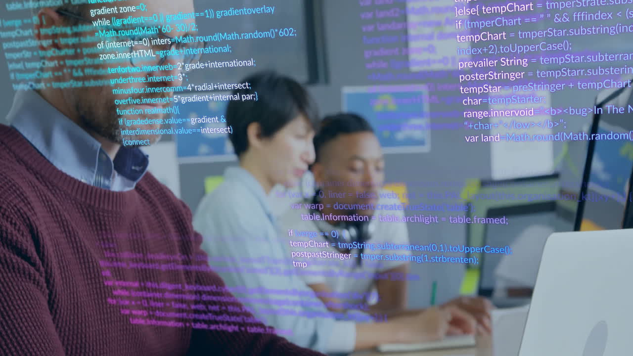 Animation of data processing over diverse colleagues working in office