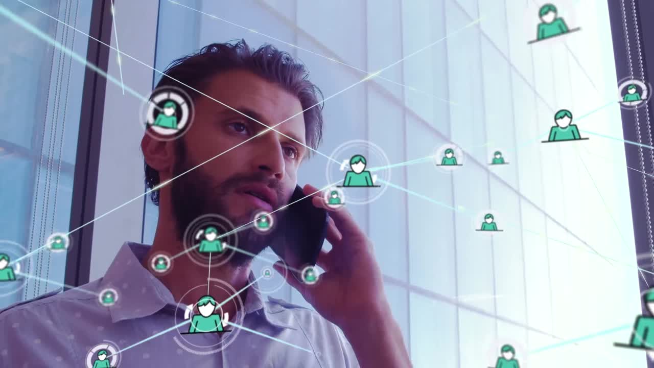 Animation of network of connections over caucasian businessman using smartphone