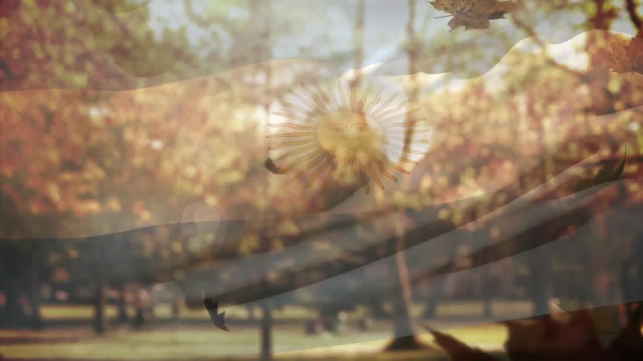 아르헨티나  ⁇ 발이 공원에 떨어지는 여러 가지 가을 잎 위에 흔들리는 디지털 구성