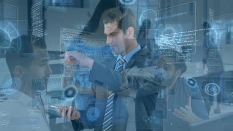 animation of scopes and data processing over business people working in office