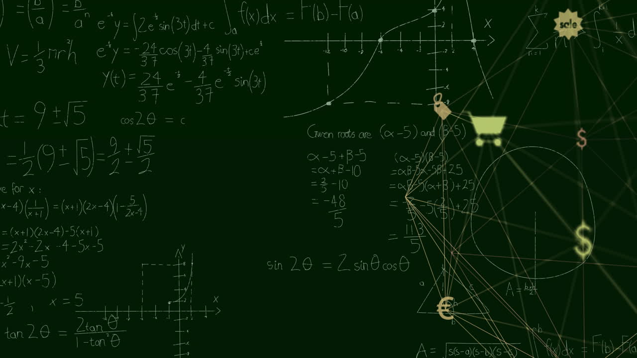 In school, animation of mathematical equations and graphs on green chalkboard