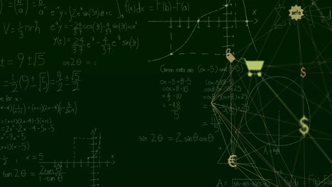 in school, animation of mathematical equations and graphs on green chalkboard