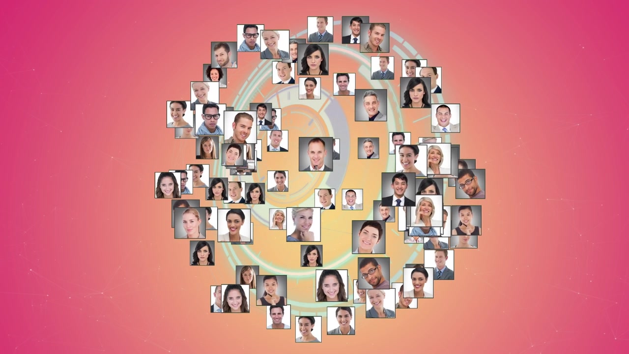 Animation von Nutzerfotos, Datenverarbeitung und Verarbeitungsring auf rosa Hintergrund.