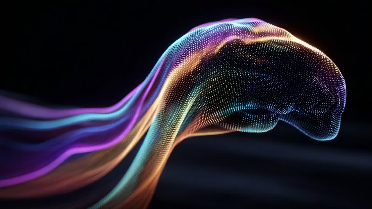 A Captivating Digital Wave of Colorful Light Representing a Flowing Animal Form, Captured in Stunning Detail with Fluid Motion and Glowing Particles Against a Dark Background