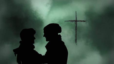 animation of silhouette of couple over clouds and cross