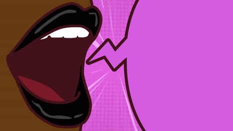 animación de burbuja de habla púrpura retro y boca abierta sobre rastros de luz sobre fondo púrpura