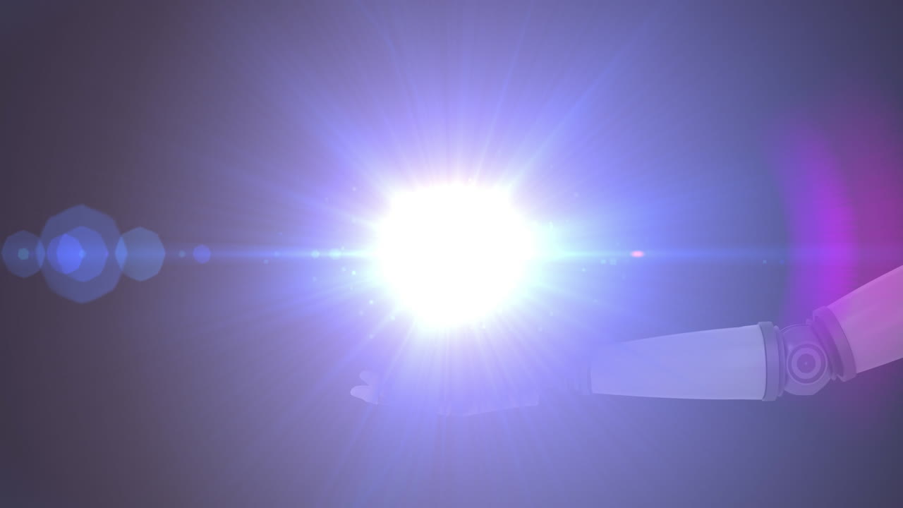 사람 들 의 네트워크 의 애니메이션 과 보라색 배경 에 있는 로 ⁇  팔 의 손 위 에 빛나는 빛