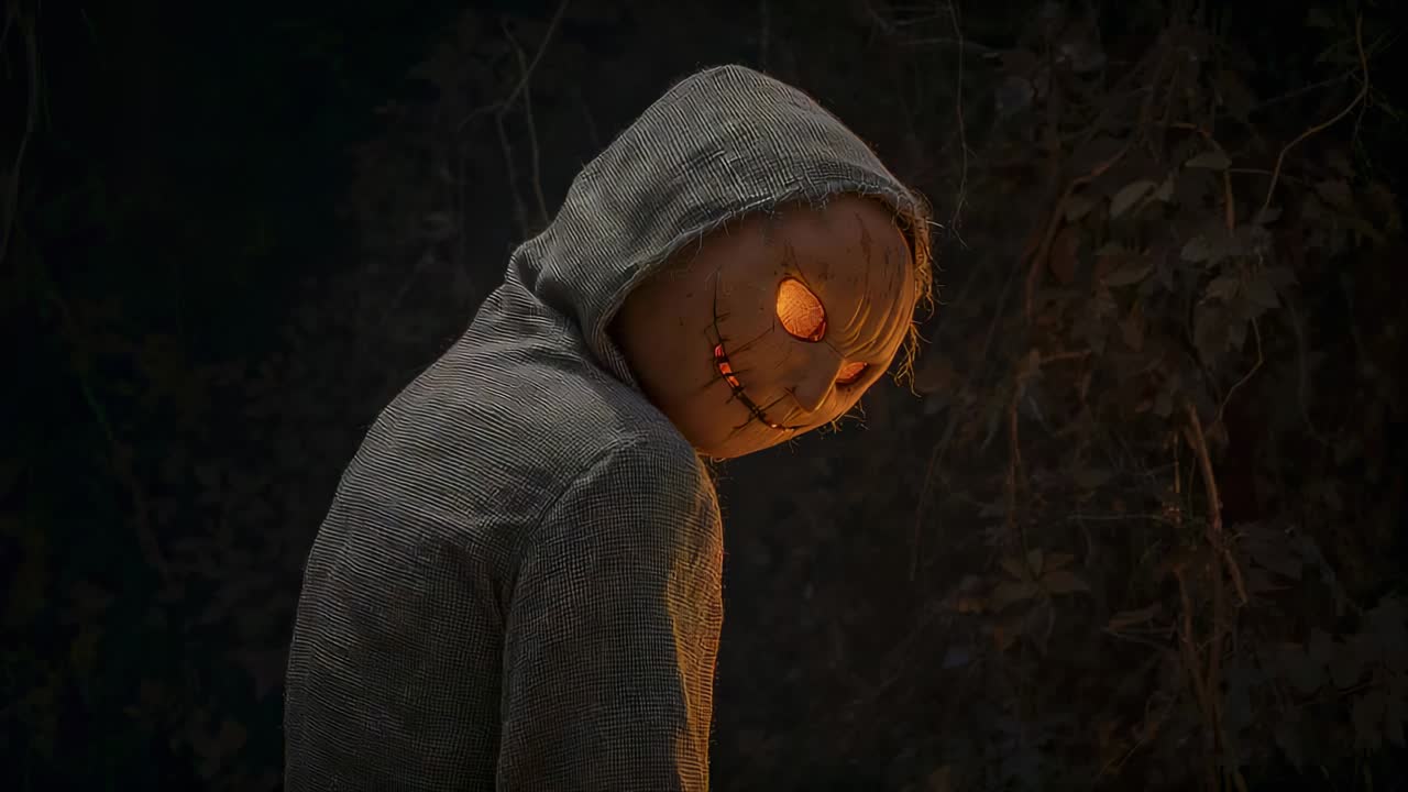 Standing figure wearing hoodie, glowing pumpkin mask, scanning vines in forest at night, copy space