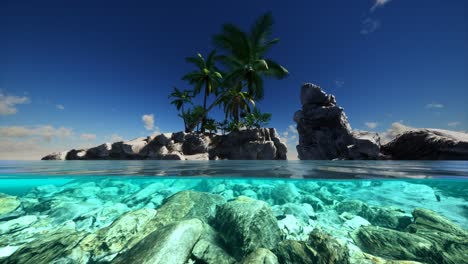 split view cross section of sea water and palm trees on island