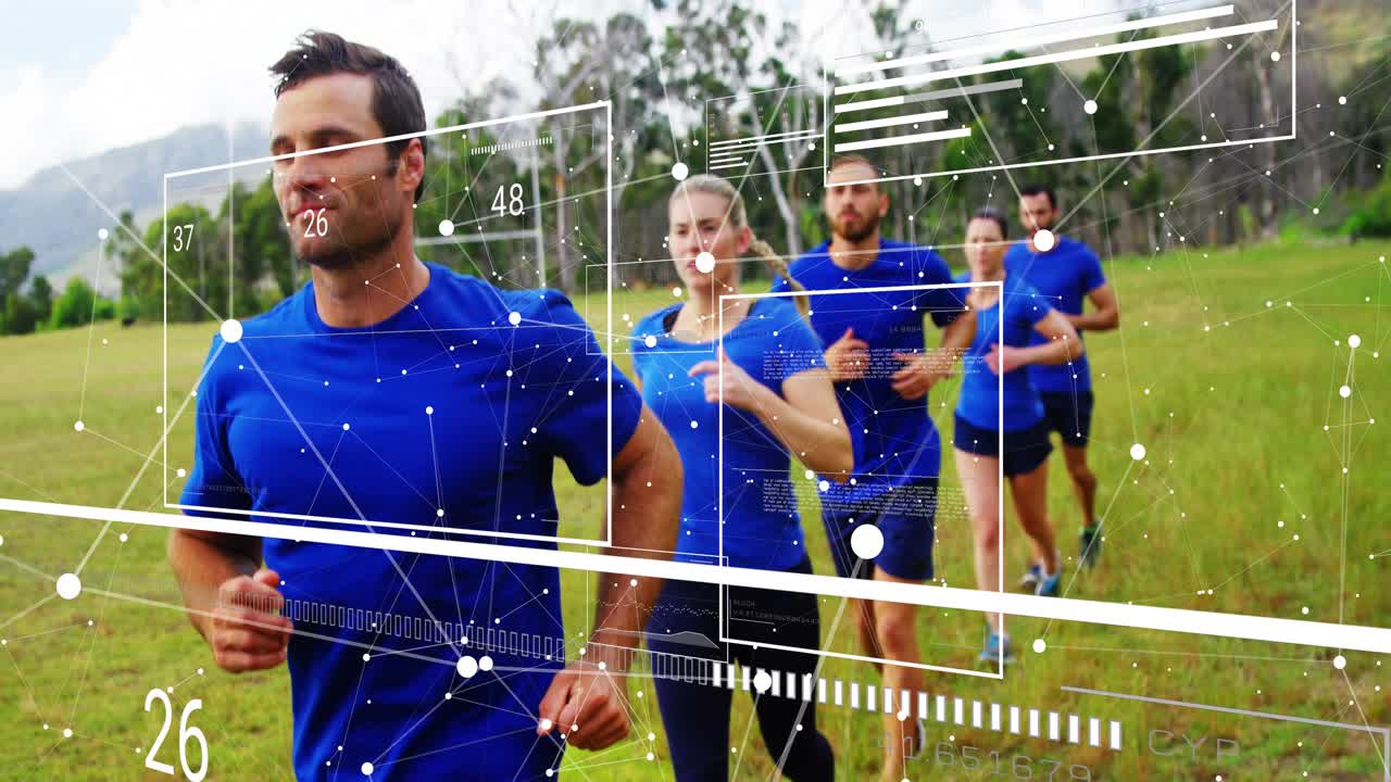 Lead runner guiding fitness team, running in line across field, camera moving, HUD updating metrics