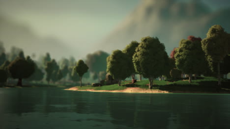 paisaje de bosque verde de dibujos animados con árboles y lago
