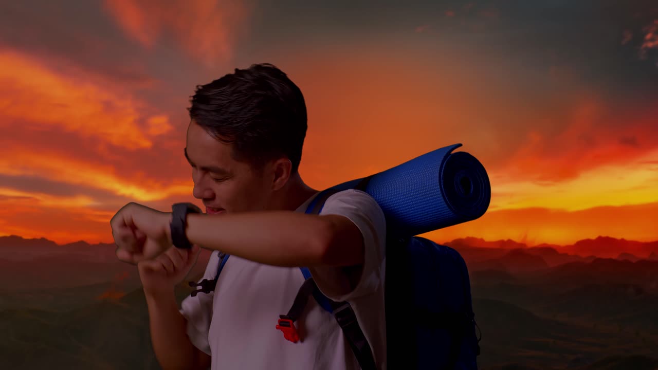 счастливый турист танцует на закате