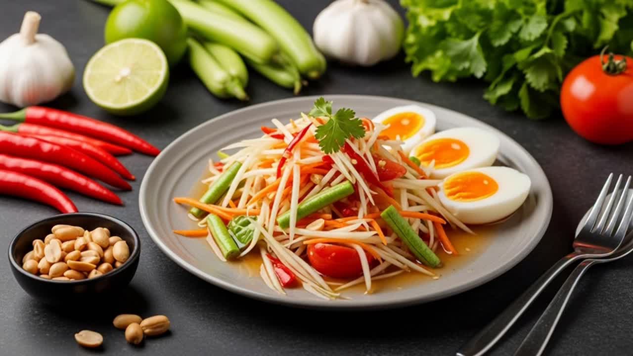 Spicy green papaya salad Som Tum with boiled eggs and peanuts