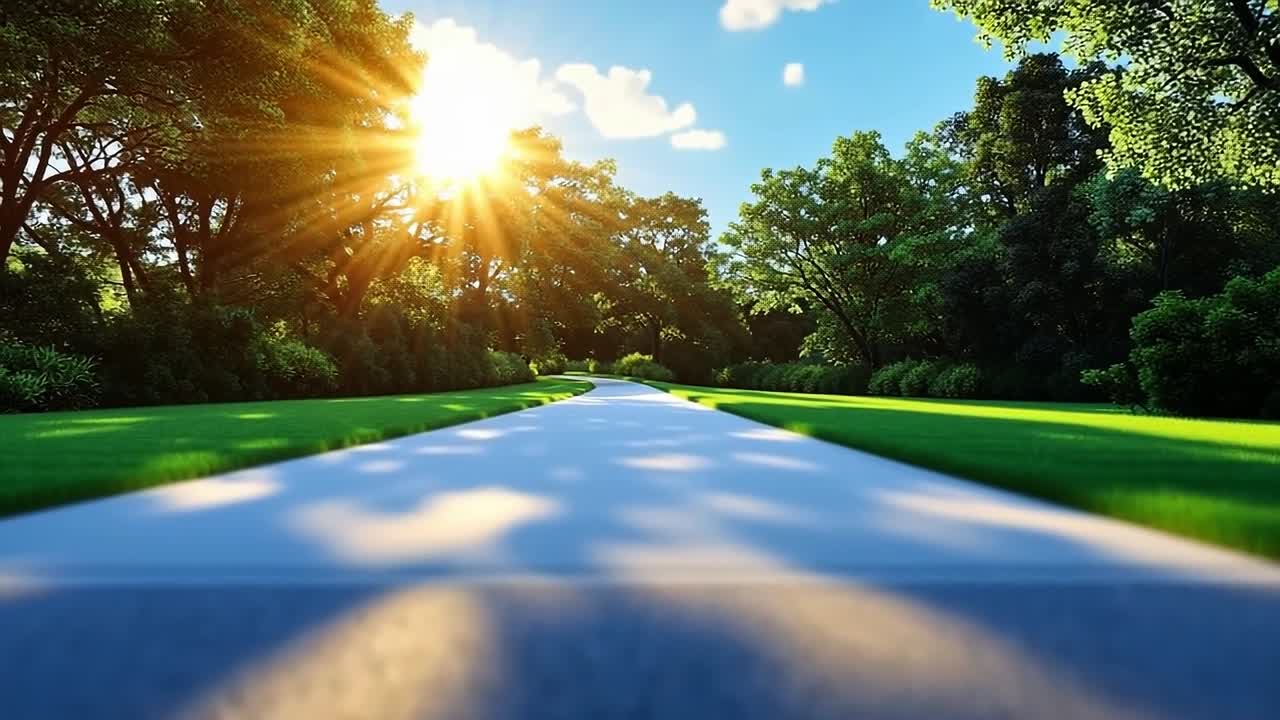 Sunshine illuminating a peaceful pathway. Warm sunlight spills across a serene pathway surrounded by lush greenery and tall trees, creating a tranquil atmosphere.