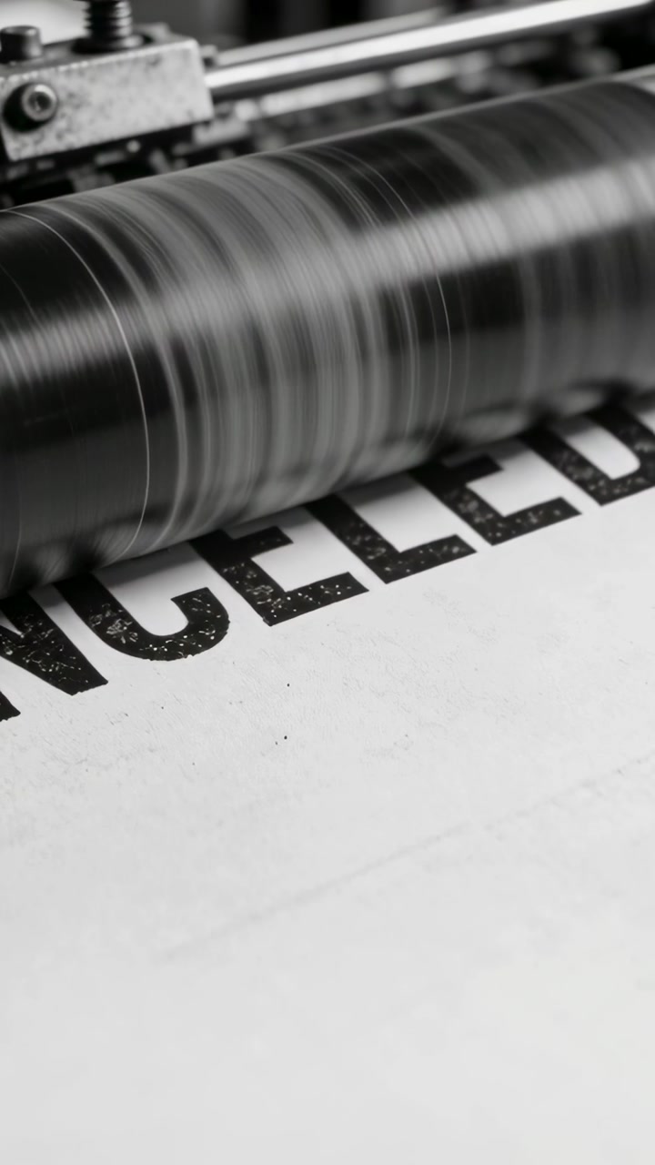 Vertical video: Motor starting inked cylinder rolling and stamping CANCEL on press paper voiding