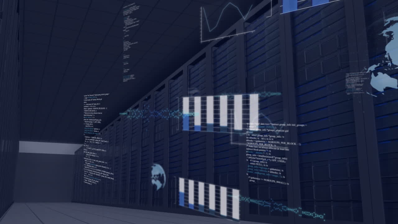 Data processing animation over server racks in modern data center