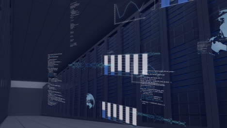 animación de procesamiento de datos sobre racks de servidores en el centro de datos moderno