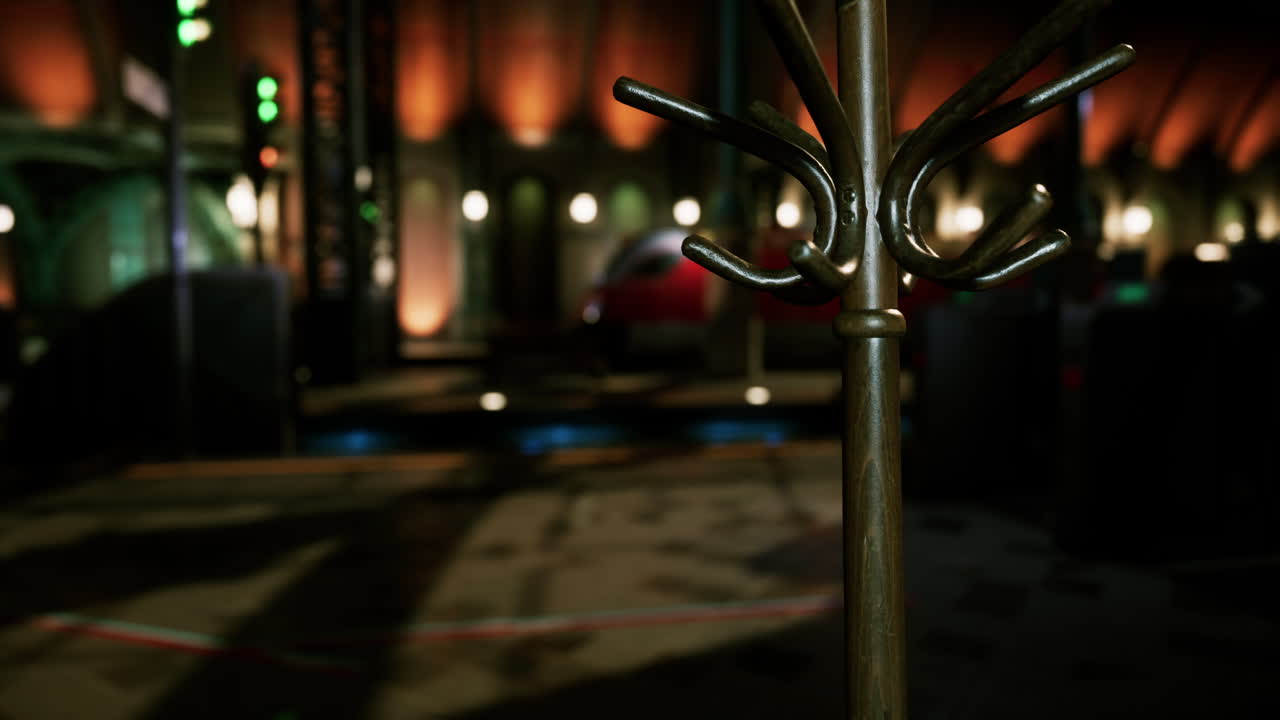 어두운 복도에서 빈티지 목조 코트 랙의 클로즈업