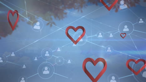 animación de iconos de corazón y red de conexiones a través del árbol