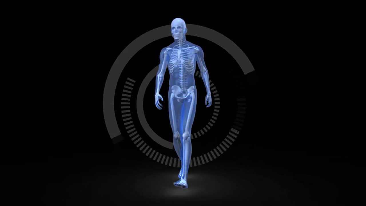 humano digital azul caminando sobre un fondo oscuro