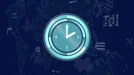 Animation-of-neon-ticking-clock-over-world-map-and-data-processing-against-blue-background