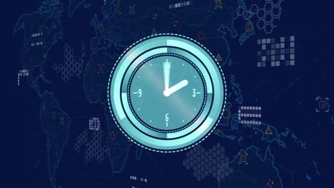 animación del reloj de neón sobre el mapa del mundo y procesamiento de datos contra un fondo azul