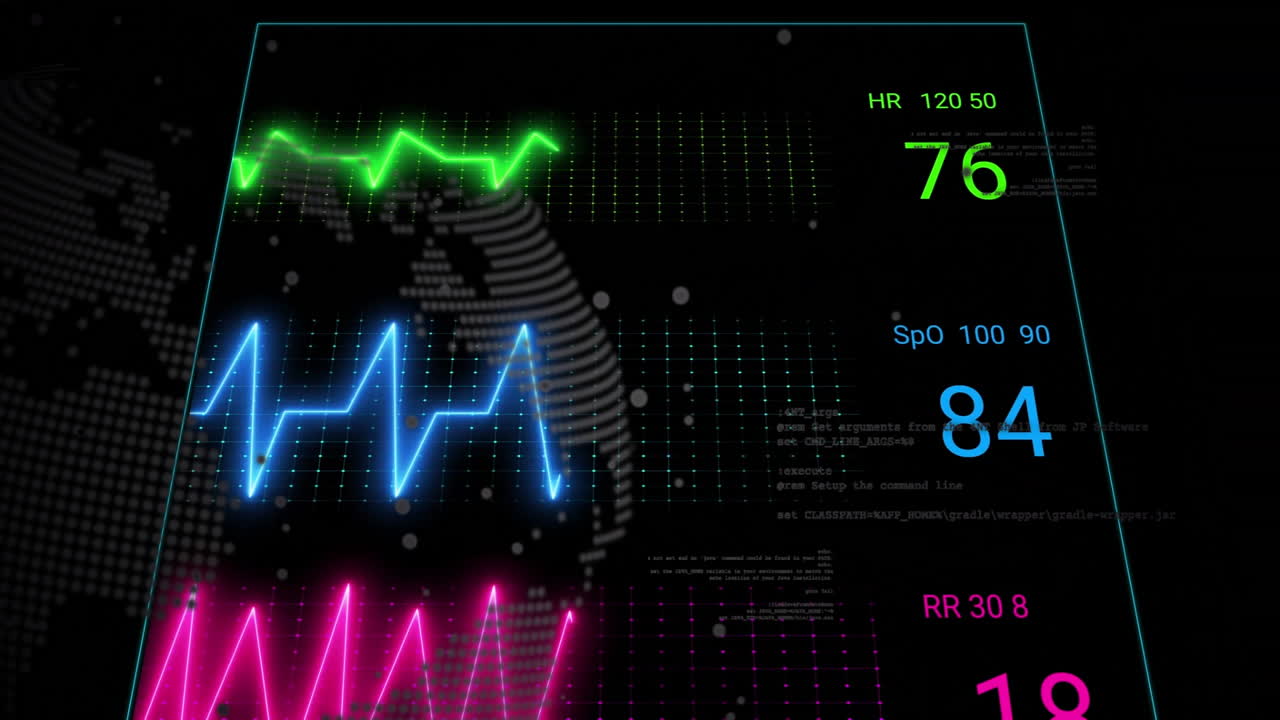 Animation of colorful heart rate and oxygen saturation graphs on digital world map