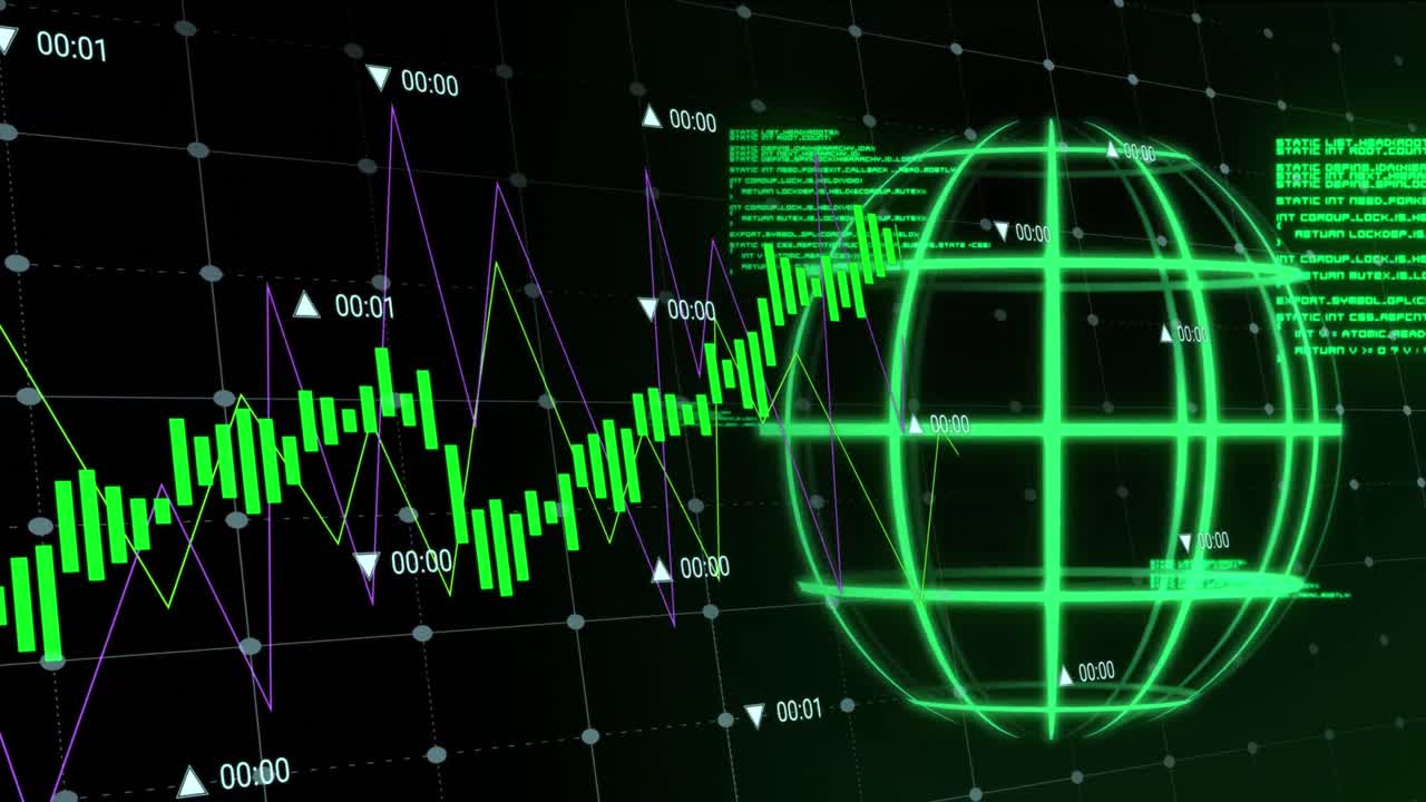 검은 바탕에 전 세계에 대한 데이터 처리의 애니메이션