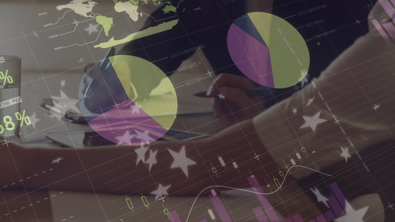 animación de estadísticas y procesamiento de datos con estrellas sobre diversas personas de negocios