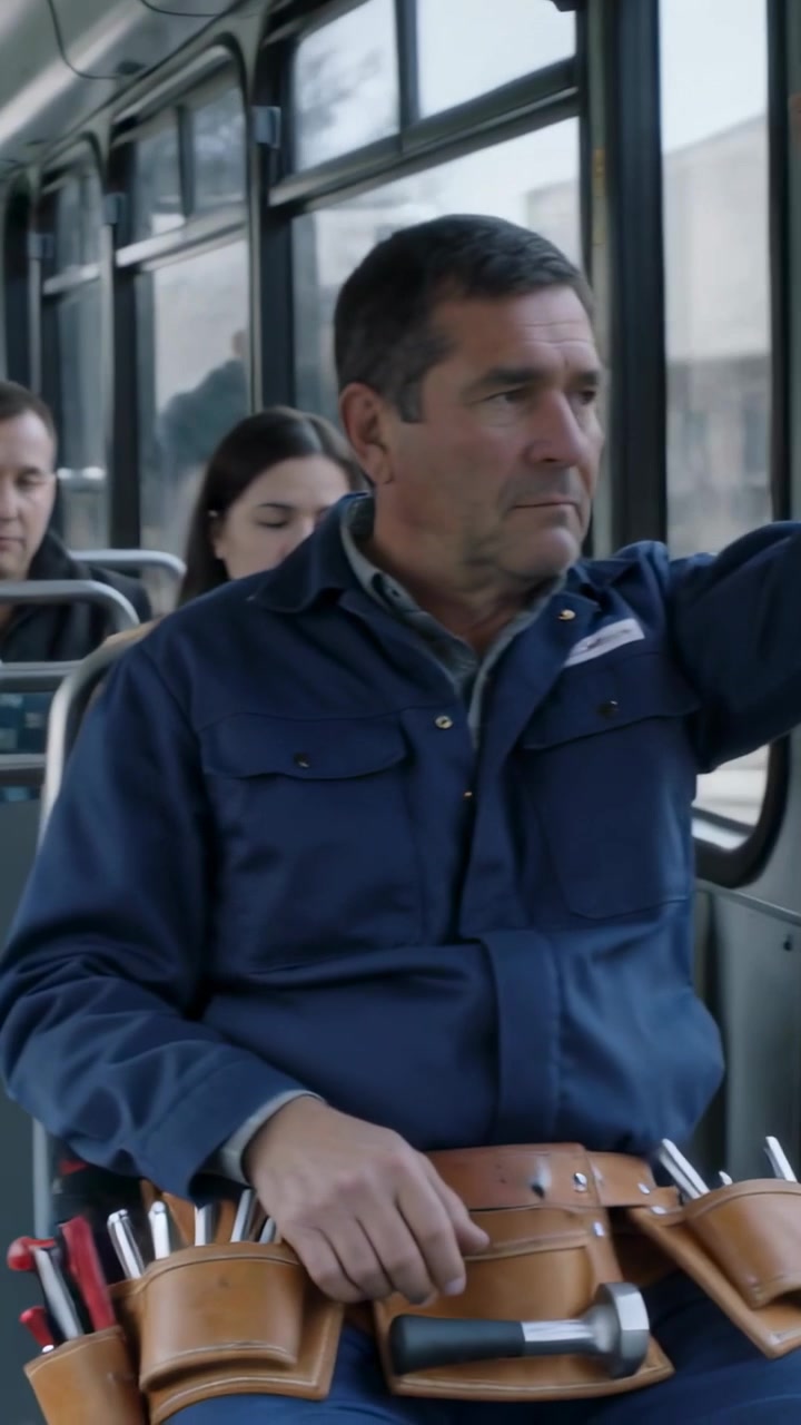 Video vertical: Hombre en primer plano con chaqueta azul agarrando la barandilla y sosteniendo un cinturón de herramientas mientras el autobús se mueve, con espacio para texto