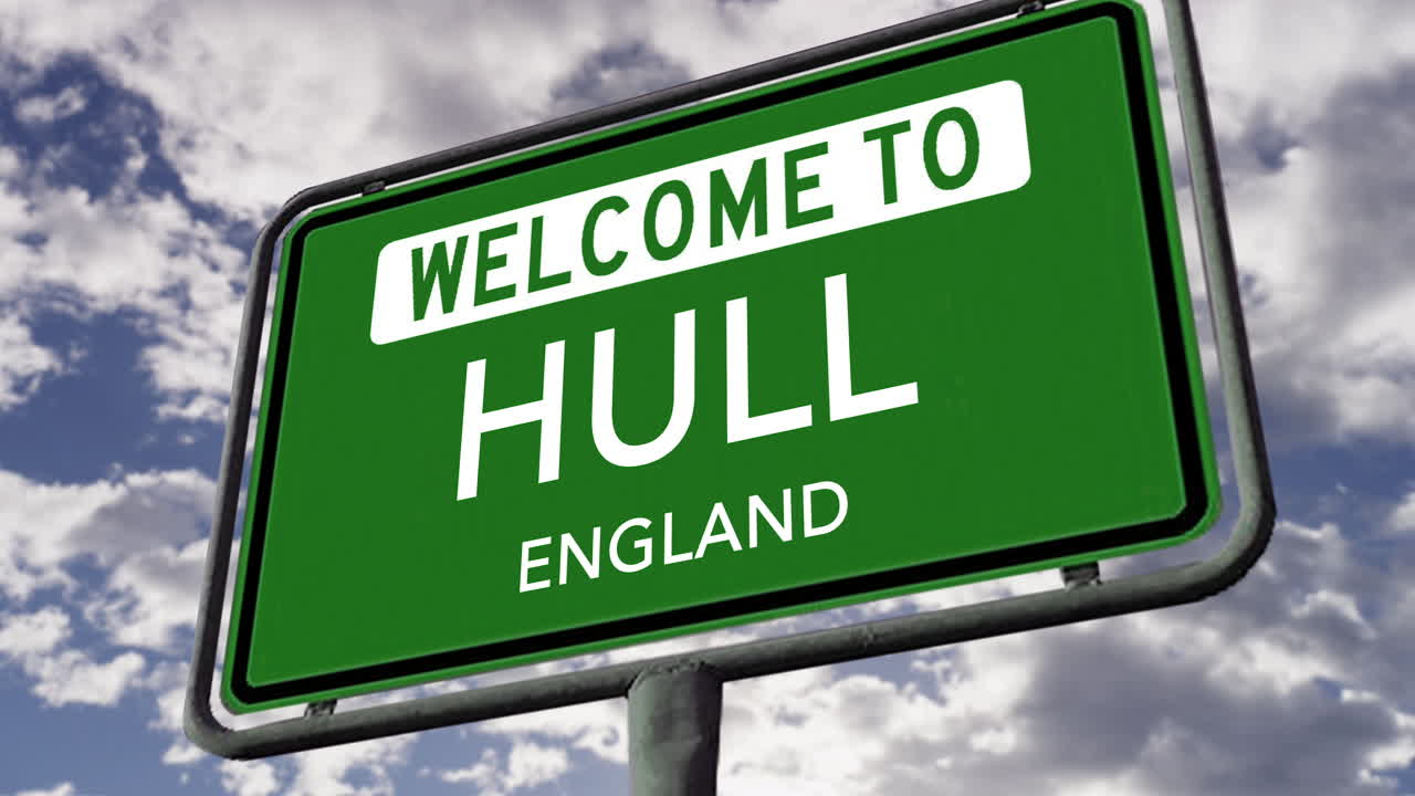 bienvenido a hull, inglaterra, reino unido señal de carretera de la ciudad, animación 3d realista