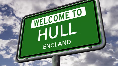 Bienvenido-A-Hull,-Inglaterra,-Señal-De-Tráfico-De-La-Ciudad-Del-Reino-Unido,-Animación-Realista-En-3D