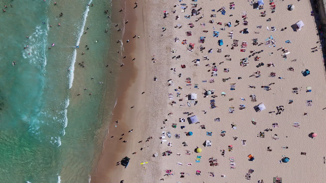 Downward angle aerial shot of Bondi Beach, highlighting sunbathers, swimmers, and surfers along the famous Australian coast. Rising aerial footage.