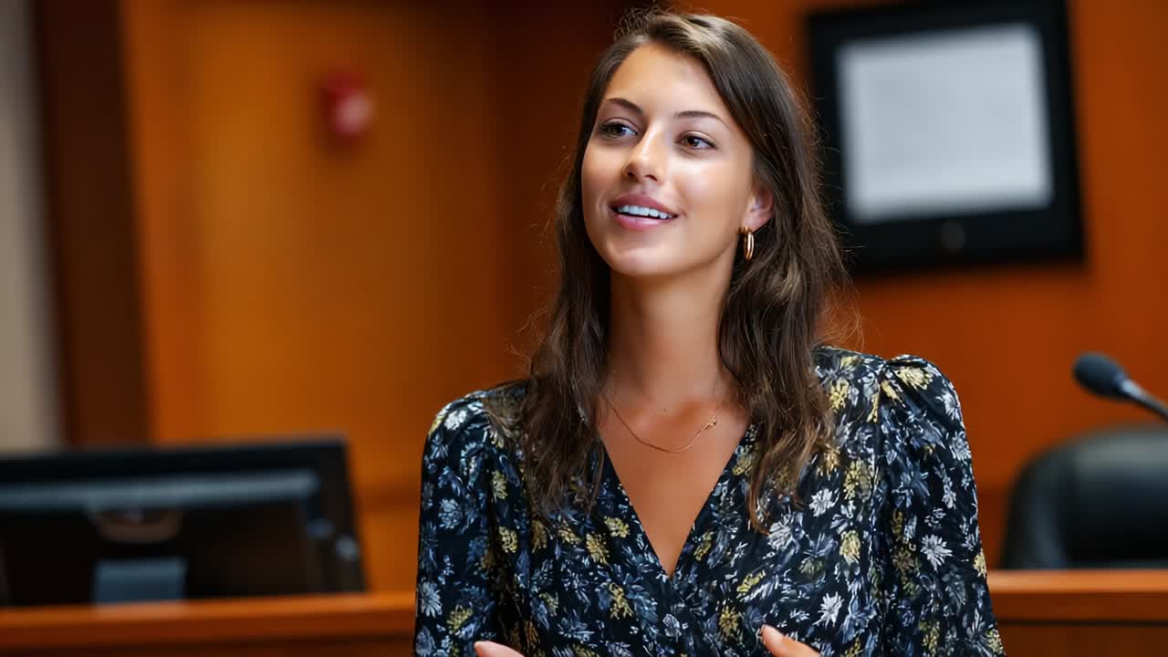 Una giovane donna sicura di sé pronuncia con passione un discorso in un contesto formale, coinvolgendo il pubblico con i suoi gesti espressivi e il suo atteggiamento eloquente, dimostrando efficacemente le sue capacità comunicative